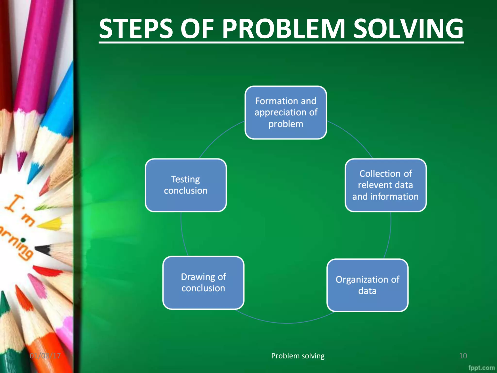 STEPS OF PROBLEM SOLVING
01/08/17 Problem solving 10
 