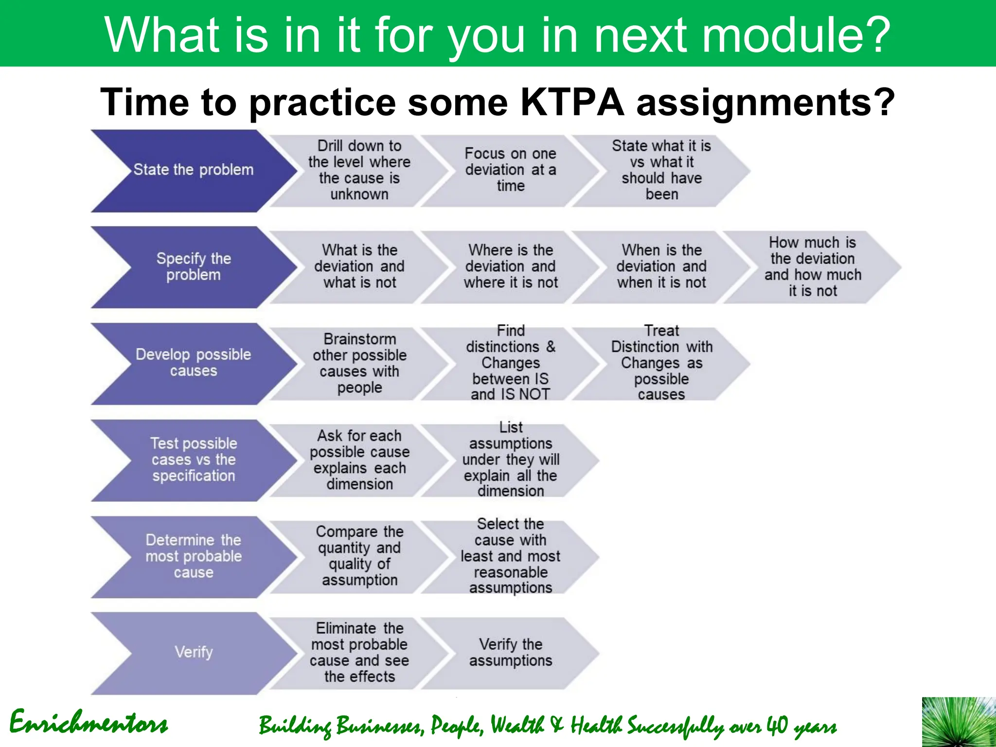 Enrichmentors Building Businesses, People, Wealth & Health Successfully over 40 years
What is in it for you in next module?
Time to practice some KTPA assignments?
 