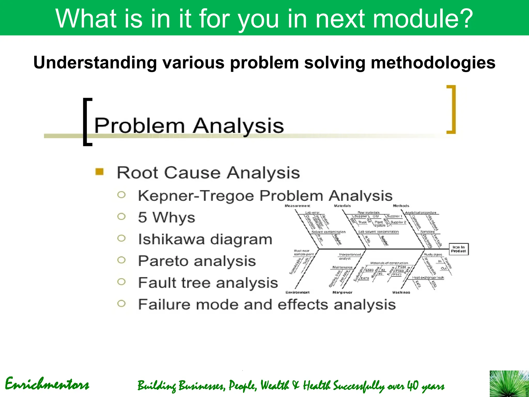 Enrichmentors Building Businesses, People, Wealth & Health Successfully over 40 years
What is in it for you in next module?
Understanding various problem solving methodologies
 