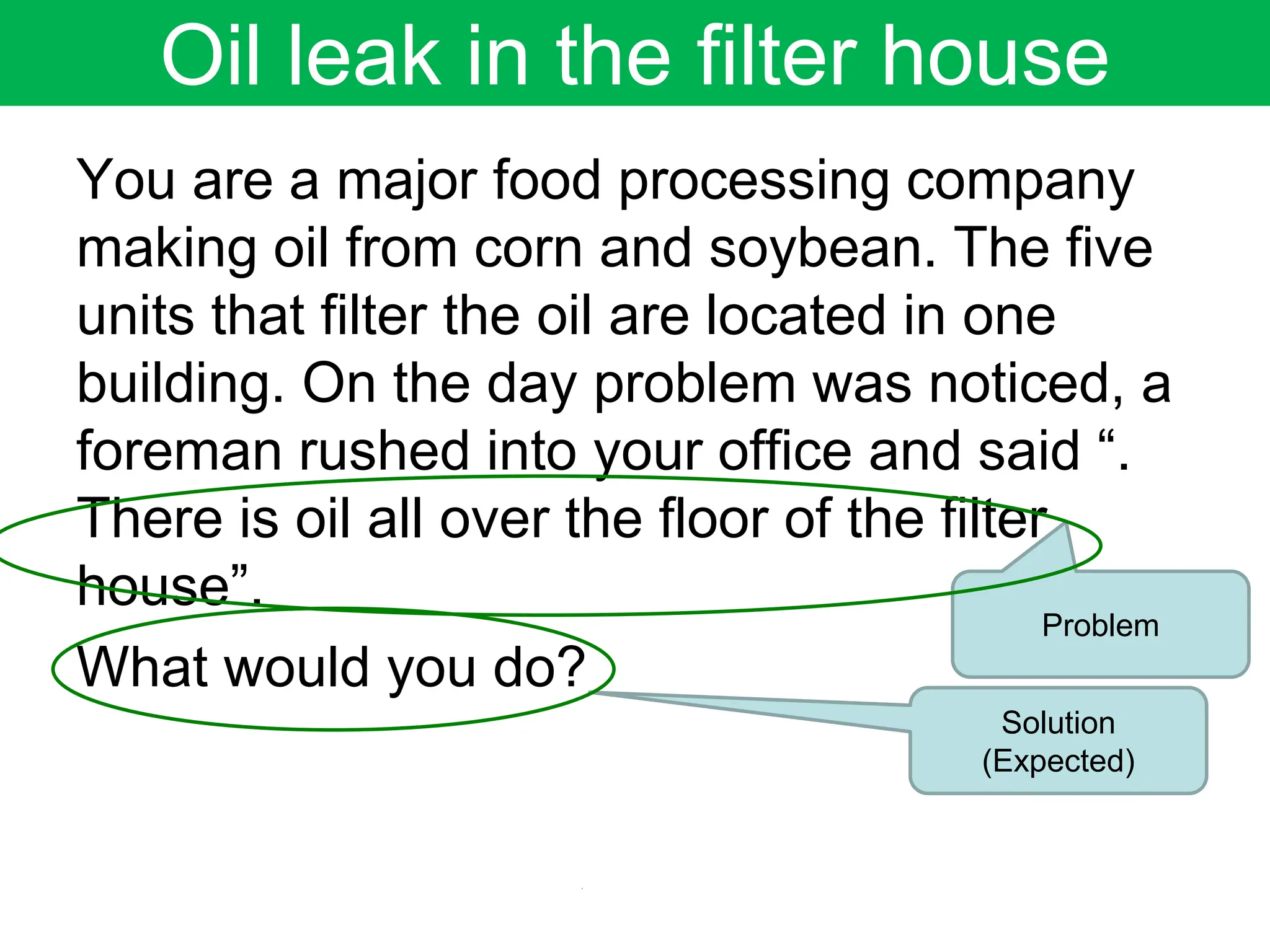 Oil leak in the filter house
You are a major food processing company
making oil from corn and soybean. The five
units that filter the oil are located in one
building. On the day problem was noticed, a
foreman rushed into your office and said “.
There is oil all over the floor of the filter
house”.
What would you do?
Solution
(Expected)
Problem
 