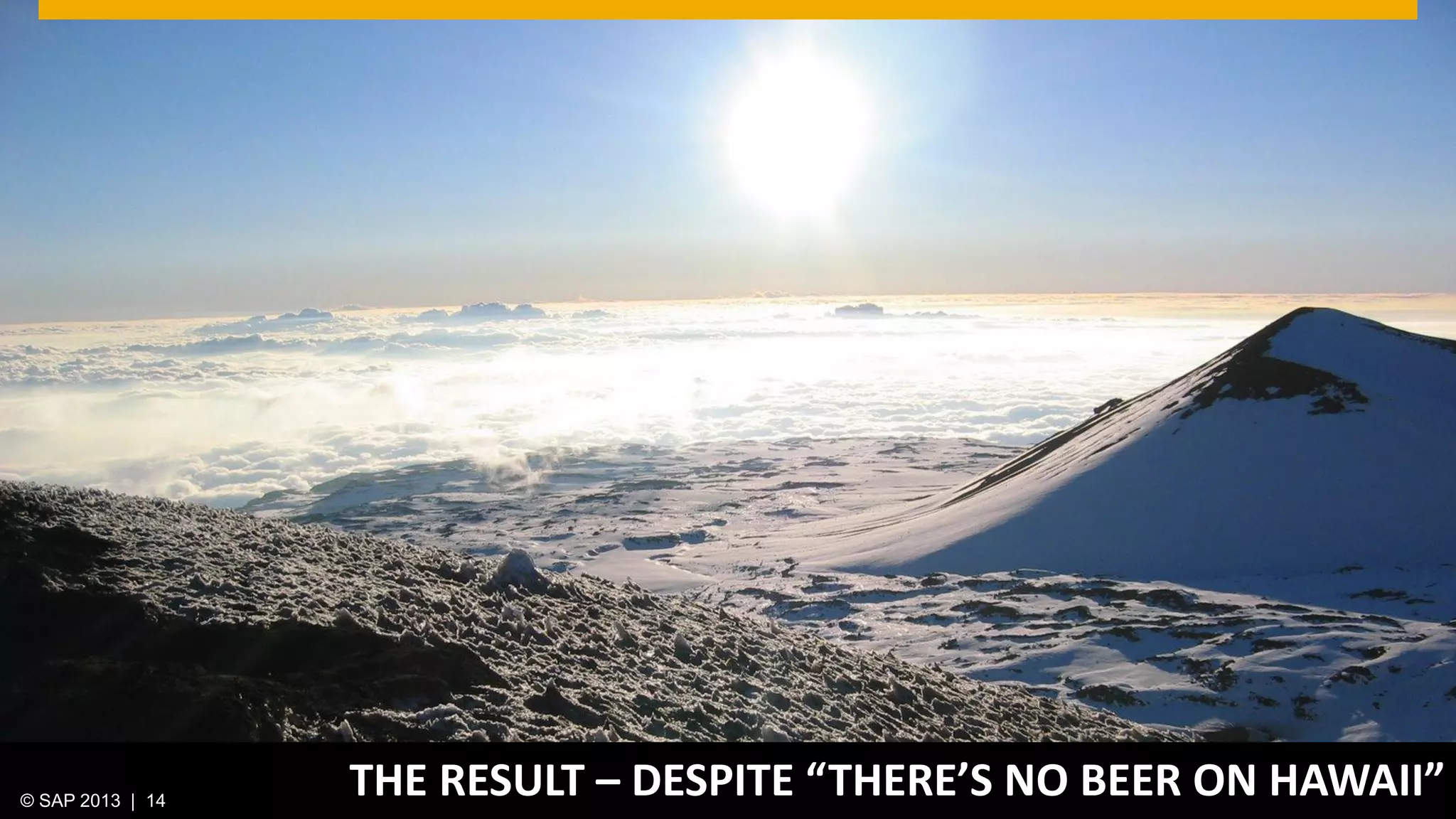 © 2013 SAP AG. All rights reserved. 14Public© SAP 2012 | 14© SAP 2013 | 14
THE RESULT – DESPITE “THERE’S NO BEER ON HAWAII”
 