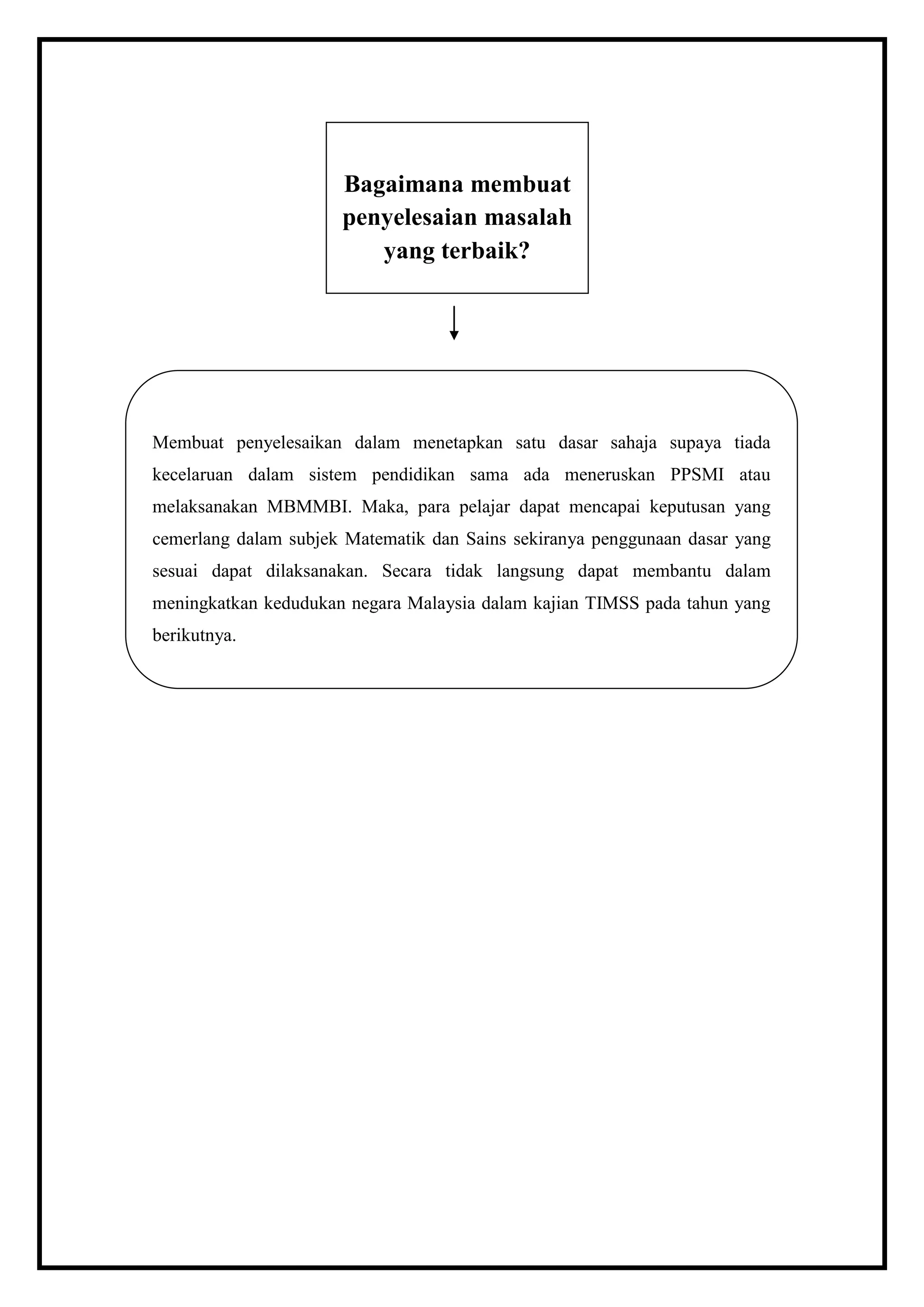 Bagaimana membuat
                      penyelesaian masalah
                         yang terbaik?




Membuat penyelesaikan dalam menetapkan satu dasar sahaja supaya tiada
kecelaruan dalam sistem pendidikan sama ada meneruskan PPSMI atau
melaksanakan MBMMBI. Maka, para pelajar dapat mencapai keputusan yang
cemerlang dalam subjek Matematik dan Sains sekiranya penggunaan dasar yang
sesuai dapat dilaksanakan. Secara tidak langsung dapat membantu dalam
meningkatkan kedudukan negara Malaysia dalam kajian TIMSS pada tahun yang
berikutnya.
 
