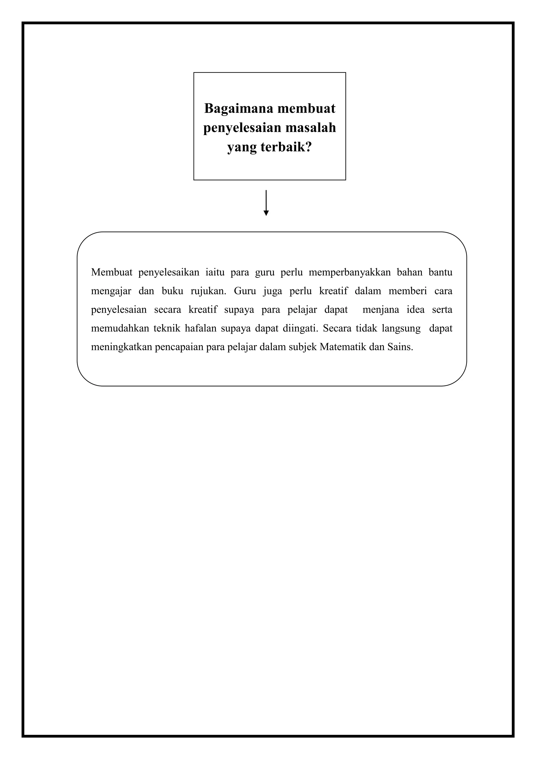 Bagaimana membuat
                        penyelesaian masalah
                           yang terbaik?




Membuat penyelesaikan iaitu para guru perlu memperbanyakkan bahan bantu
mengajar dan buku rujukan. Guru juga perlu kreatif dalam memberi cara
penyelesaian secara kreatif supaya para pelajar dapat     menjana idea serta
memudahkan teknik hafalan supaya dapat diingati. Secara tidak langsung dapat
meningkatkan pencapaian para pelajar dalam subjek Matematik dan Sains.
 