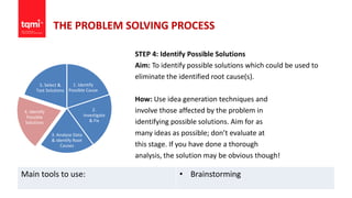 THE PROBLEM SOLVING PROCESS
STEP 4: Identify Possible Solutions
Aim: To identify possible solutions which could be used to
eliminate the identified root cause(s).
How: Use idea generation techniques and
involve those affected by the problem in
identifying possible solutions. Aim for as
many ideas as possible; don’t evaluate at
this stage. If you have done a thorough
analysis, the solution may be obvious though!
1. Identify
Possible Cause
2.
Investigate
& Fix
3. Analyse Data
& Identify Root
Causes
4. Identify
Possible
Solutions
5. Select &
Test Solutions
Main tools to use: • Brainstorming
 