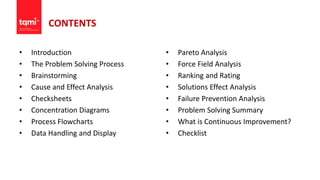 CONTENTS
• Introduction
• The Problem Solving Process
• Brainstorming
• Cause and Effect Analysis
• Checksheets
• Concentration Diagrams
• Process Flowcharts
• Data Handling and Display
• Pareto Analysis
• Force Field Analysis
• Ranking and Rating
• Solutions Effect Analysis
• Failure Prevention Analysis
• Problem Solving Summary
• What is Continuous Improvement?
• Checklist
 