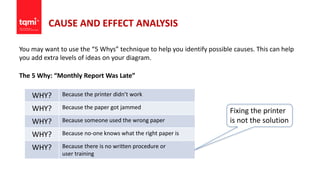 CAUSE AND EFFECT ANALYSIS
You may want to use the “5 Whys” technique to help you identify possible causes. This can help
you add extra levels of ideas on your diagram.
The 5 Why: “Monthly Report Was Late”
WHY? Because the printer didn’t work
WHY? Because the paper got jammed
WHY? Because someone used the wrong paper
WHY? Because no-one knows what the right paper is
WHY? Because there is no written procedure or
user training
Fixing the printer
is not the solution
 