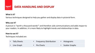 DATA HANDLING AND DISPLAY
What is it?
Various techniques designed to help you gather and display data in pictorial form.
Why use it?
A picture is “worth a thousand words!” and therefore aids communications and adds impact to
your readers. In addition, it is more likely to highlight trends and relationships in data.
How to use it?
Techniques included are:
• Tally Sheets • Frequency Distribution • Histograms
• Line Graph • Pie Charts • Scatter Graphs
 