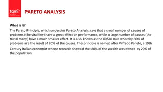 PARETO ANALYSIS
What is it?
The Pareto Principle, which underpins Pareto Analysis, says that a small number of causes of
problems (the vital few) have a great effect on performance, while a large number of causes (the
trivial many) have a much smaller effect. It is also known as the 80/20 Rule whereby 80% of
problems are the result of 20% of the causes. The principle is named after Vilfredo Pareto, a 19th
Century Italian economist whose research showed that 80% of the wealth was owned by 20% of
the population.
 