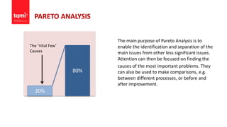 PARETO ANALYSIS
The main purpose of Pareto Analysis is to
enable the identification and separation of the
main issues from other less significant issues.
Attention can then be focused on finding the
causes of the most important problems. They
can also be used to make comparisons, e.g.
between different processes, or before and
after improvement.
20%
80%
The ‘Vital Few’
Causes
 