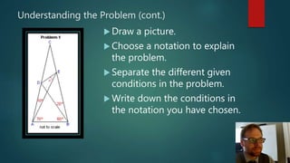 Understanding the Problem (cont.)
 Draw a picture.
 Choose a notation to explain
the problem.
 Separate the different given
conditions in the problem.
 Write down the conditions in
the notation you have chosen.
 