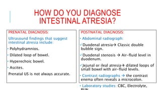 HOW DO YOU DIAGNOSE
INTESTINAL ATRESIA?
PRENATAL DIAGNOSIS:
Ultrasound findings that suggest
intestinal atresia include:
• Polyhydramnios.
• Dilated loop of bowel.
• Hyperechoic bowel.
• Ascites.
Prenatal US is not always accurate.
POSTNATAL DIAGNOSIS:
• Abdominal radiograph:
Duodenal atresia Classic double
bubble sign.
Duodenal stenosis  Air-fluid level in
duodenum.
Jejunal or ileal atresia dilated loops of
small bowel with air-fluid levels.
• Contrast radiographs  the contrast
enema often reveals a microcolon.
• Laboratory studies: CBC, Electrolyte,
 