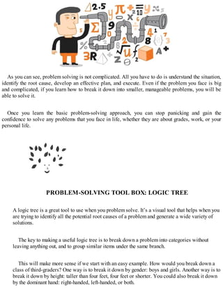 As you can see, problem solving is not complicated. All you have to do is understand the situation,
identify the root cause, develop an effective plan, and execute. Even if the problem you face is big
and complicated, if you learn how to break it down into smaller, manageable problems, you will be
able to solve it.
Once you learn the basic problem-solving approach, you can stop panicking and gain the
confidence to solve any problems that you face in life, whether they are about grades, work, or your
personal life.
PROBLEM-SOLVING TOOL BOX: LOGIC TREE
A logic tree is a great tool to use when you problem solve. It’s a visual tool that helps when you
are trying to identify all the potential root causes of a problem and generate a wide variety of
solutions.
The key to making a useful logic tree is to break down a problem into categories without
leaving anything out, and to group similar items under the same branch.
This will make more sense if we start with an easy example. How would you break down a
class of third-graders? One way is to break it down by gender: boys and girls. Another way is to
break it down by height: taller than four feet, four feet or shorter. You could also break it down
by the dominant hand: right-handed, left-handed, or both.
 