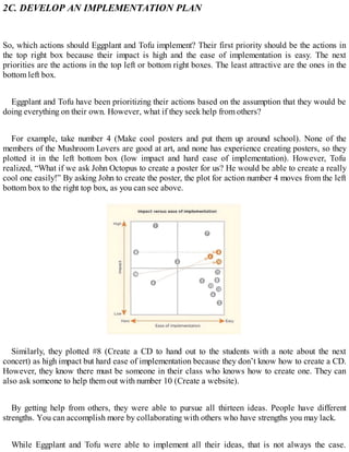 2C. DEVELOP AN IMPLEMENTATION PLAN
So, which actions should Eggplant and Tofu implement? Their first priority should be the actions in
the top right box because their impact is high and the ease of implementation is easy. The next
priorities are the actions in the top left or bottom right boxes. The least attractive are the ones in the
bottom left box.
Eggplant and Tofu have been prioritizing their actions based on the assumption that they would be
doing everything on their own. However, what if they seek help from others?
For example, take number 4 (Make cool posters and put them up around school). None of the
members of the Mushroom Lovers are good at art, and none has experience creating posters, so they
plotted it in the left bottom box (low impact and hard ease of implementation). However, Tofu
realized, “What if we ask John Octopus to create a poster for us? He would be able to create a really
cool one easily!” By asking John to create the poster, the plot for action number 4 moves from the left
bottom box to the right top box, as you can see above.
Similarly, they plotted #8 (Create a CD to hand out to the students with a note about the next
concert) as high impact but hard ease of implementation because they don’t know how to create a CD.
However, they know there must be someone in their class who knows how to create one. They can
also ask someone to help them out with number 10 (Create a website).
By getting help from others, they were able to pursue all thirteen ideas. People have different
strengths. You can accomplish more by collaborating with others who have strengths you may lack.
While Eggplant and Tofu were able to implement all their ideas, that is not always the case.
 