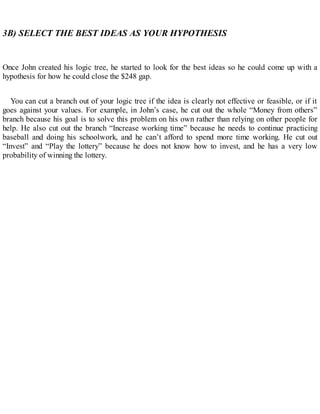 3B) SELECT THE BEST IDEAS AS YOUR HYPOTHESIS
Once John created his logic tree, he started to look for the best ideas so he could come up with a
hypothesis for how he could close the $248 gap.
You can cut a branch out of your logic tree if the idea is clearly not effective or feasible, or if it
goes against your values. For example, in John’s case, he cut out the whole “Money from others”
branch because his goal is to solve this problem on his own rather than relying on other people for
help. He also cut out the branch “Increase working time” because he needs to continue practicing
baseball and doing his schoolwork, and he can’t afford to spend more time working. He cut out
“Invest” and “Play the lottery” because he does not know how to invest, and he has a very low
probability of winning the lottery.
 