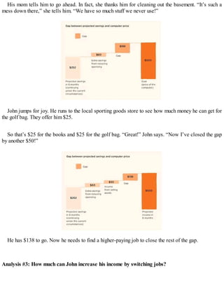 His mom tells him to go ahead. In fact, she thanks him for cleaning out the basement. “It’s such a
mess down there,” she tells him. “We have so much stuff we never use!”
John jumps for joy. He runs to the local sporting goods store to see how much money he can get for
the golf bag. They offer him $25.
So that’s $25 for the books and $25 for the golf bag. “Great!” John says. “Now I’ve closed the gap
by another $50!”
He has $138 to go. Now he needs to find a higher-paying job to close the rest of the gap.
Analysis #3: How much can John increase his income by switching jobs?
 