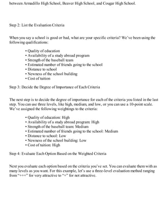 between Armadillo High School, Beaver High School, and Cougar High School.
Step 2: List the Evaluation Criteria
When you say a school is good or bad, what are your specific criteria? We’ve been using the
following qualifications:
• Quality of education
• Availability of a study abroad program
• Strength of the baseball team
• Estimated number of friends going to the school
• Distance to school
• Newness of the school building
• Cost of tuition
Step 3: Decide the Degree of Importance of Each Criteria
The next step is to decide the degree of importance for each of the criteria you listed in the last
step. You can use three levels, like high, medium, and low, or you can use a 10-point scale.
We’ve assigned the following weightings to the criteria:
• Quality of education: High
• Availability of a study abroad program: High
• Strength of the baseball team: Medium
• Estimated number of friends going to the school: Medium
• Distance to school: Low
• Newness of the school building: Low
• Cost of tuition: High
Step 4: Evaluate Each Option Based on the Weighted Criteria
Next you evaluate each option based on the criteria you’ve set. You can evaluate them with as
many levels as you want. For this example, let’s use a three-level evaluation method ranging
from “+++” for very attractive to “+” for not attractive.
 