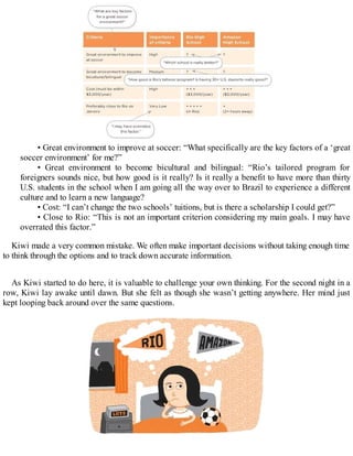 • Great environment to improve at soccer: “What specifically are the key factors of a ‘great
soccer environment’ for me?”
• Great environment to become bicultural and bilingual: “Rio’s tailored program for
foreigners sounds nice, but how good is it really? Is it really a benefit to have more than thirty
U.S. students in the school when I am going all the way over to Brazil to experience a different
culture and to learn a new language?
• Cost: “I can’t change the two schools’ tuitions, but is there a scholarship I could get?”
• Close to Rio: “This is not an important criterion considering my main goals. I may have
overrated this factor.”
Kiwi made a very common mistake. We often make important decisions without taking enough time
to think through the options and to track down accurate information.
As Kiwi started to do here, it is valuable to challenge your own thinking. For the second night in a
row, Kiwi lay awake until dawn. But she felt as though she wasn’t getting anywhere. Her mind just
kept looping back around over the same questions.
 