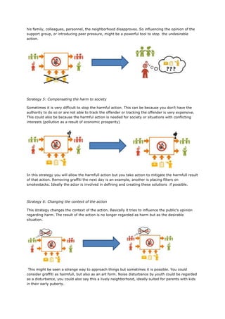his family, colleagues, personnel, the neighborhood disapproves. So influencing the opinion of the
support group, or introducing peer pressure, might be a powerful tool to stop the undesirable
action.
Strategy 5: Compensating the harm to society
Sometimes it is very difficult to stop the harmful action. This can be because you don’t have the
authority to do so or are not able to track the offender or tracking the offender is very expensive.
This could also be because the harmful action is needed for society or situations with conflicting
interests (pollution as a result of economic prosperity)
In this strategy you will allow the harmfull action but you take action to mitigate the harmfull result
of that action. Removing graffiti the next day is an example, another is placing filters on
smokestacks. Ideally the actor is involved in defining and creating these solutions if possible.
Strategy 6: Changing the context of the action
This strategy changes the context of the action. Basically it tries to influence the public’s opinion
regarding harm. The result of the action is no longer regarded as harm but as the desirable
situation.
This might be seen a strange way to approach things but sometimes it is possible. You could
consider graffiti as harmfull, but also as an art form. Noise disturbance by youth could be regarded
as a disturbance, you could also say this a lively neighborhood, ideally suited for parents with kids
in their early puberty.
 
