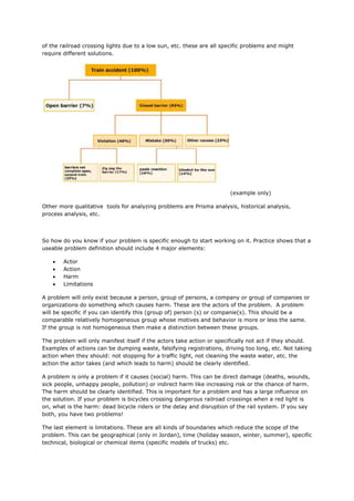 of the railroad crossing lights due to a low sun, etc. these are all specific problems and might
require different solutions.
(example only)
Other more qualitative tools for analyzing problems are Prisma analysis, historical analysis,
process analysis, etc.
So how do you know if your problem is specific enough to start working on it. Practice shows that a
useable problem definition should include 4 major elements:
 Actor
 Action
 Harm
 Limitations
A problem will only exist because a person, group of persons, a company or group of companies or
organizations do something which causes harm. These are the actors of the problem. A problem
will be specific if you can identify this (group of) person (s) or companie(s). This should be a
comparable relatively homogeneous group whose motives and behavior is more or less the same.
If the group is not homogeneous then make a distinction between these groups.
The problem will only manifest itself if the actors take action or specifically not act if they should.
Examples of actions can be dumping waste, falsifying registrations, driving too long, etc. Not taking
action when they should: not stopping for a traffic light, not cleaning the waste water, etc. the
action the actor takes (and which leads to harm) should be clearly identified.
A problem is only a problem if it causes (social) harm. This can be direct damage (deaths, wounds,
sick people, unhappy people, pollution) or indirect harm like increasing risk or the chance of harm.
The harm should be clearly identified. This is important for a problem and has a large influence on
the solution. If your problem is bicycles crossing dangerous railroad crossings when a red light is
on, what is the harm: dead bicycle riders or the delay and disruption of the rail system. If you say
both, you have two problems!
The last element is limitations. These are all kinds of boundaries which reduce the scope of the
problem. This can be geographical (only in Jordan), time (holiday season, winter, summer), specific
technical, biological or chemical items (specific models of trucks) etc.
 