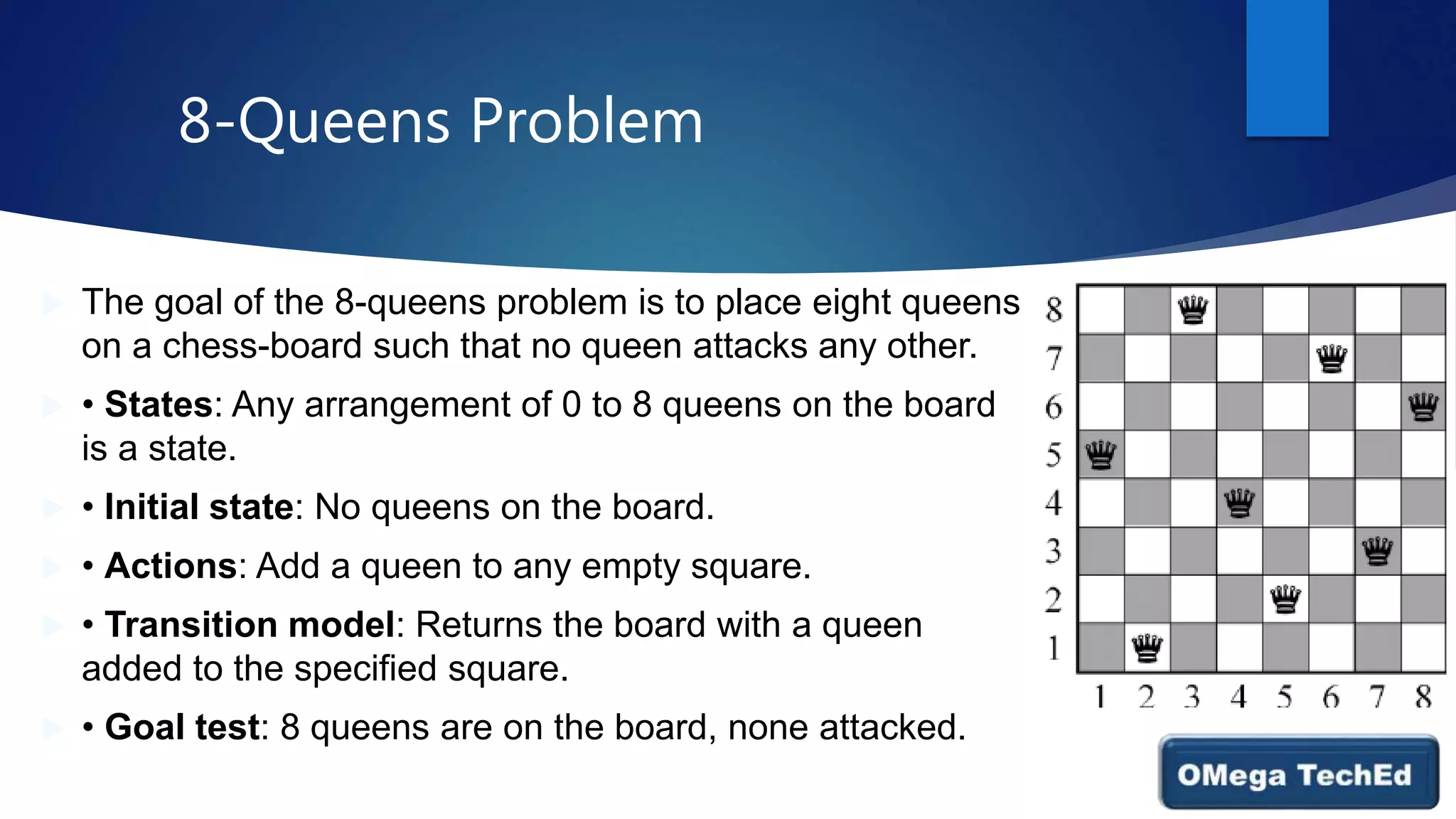 8-Queens Problem
 The goal of the 8-queens problem is to place eight queens
on a chess-board such that no queen attacks any other.
 • States: Any arrangement of 0 to 8 queens on the board
is a state.
 • Initial state: No queens on the board.
 • Actions: Add a queen to any empty square.
 • Transition model: Returns the board with a queen
added to the specified square.
 • Goal test: 8 queens are on the board, none attacked.
 