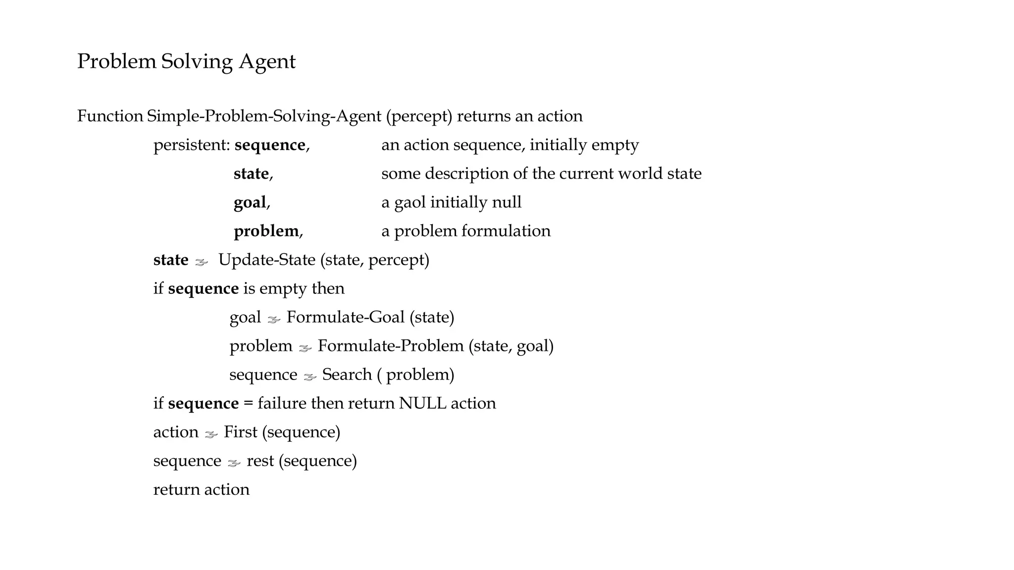 Problem Solving Agent
Function Simple-Problem-Solving-Agent (percept) returns an action
persistent: sequence, an action sequence, initially empty
state, some description of the current world state
goal, a gaol initially null
problem, a problem formulation
state  Update-State (state, percept)
if sequence is empty then
goal  Formulate-Goal (state)
problem  Formulate-Problem (state, goal)
sequence  Search ( problem)
if sequence = failure then return NULL action
action  First (sequence)
sequence  rest (sequence)
return action
 