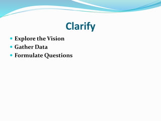 Clarify
 Explore the Vision
 Gather Data
 Formulate Questions
 