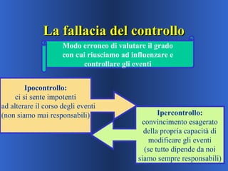 La fallacia del controlloLa fallacia del controllo
Ipocontrollo:
ci si sente impotenti
ad alterare il corso degli eventi
(non siamo mai responsabili) Ipercontrollo:
convincimento esagerato
della propria capacità di
modificare gli eventi
(se tutto dipende da noi
siamo sempre responsabili)
Modo erroneo di valutare il grado
con cui riusciamo ad influenzare e
controllare gli eventi
 