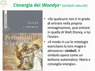 L’energia dei Woodys® (simboli naturali)
• «Se qualcuno non è in grado
di entrare nella propria
immaginazione, può entrare
in quella di Walt Disney, e lui
l’aiuta».
• «Il modo in cui le mitologie
esercitano la loro magia è
attraverso i simboli. Il
simbolo opera come un
bottone automatico: libera e
convoglia energia».
 