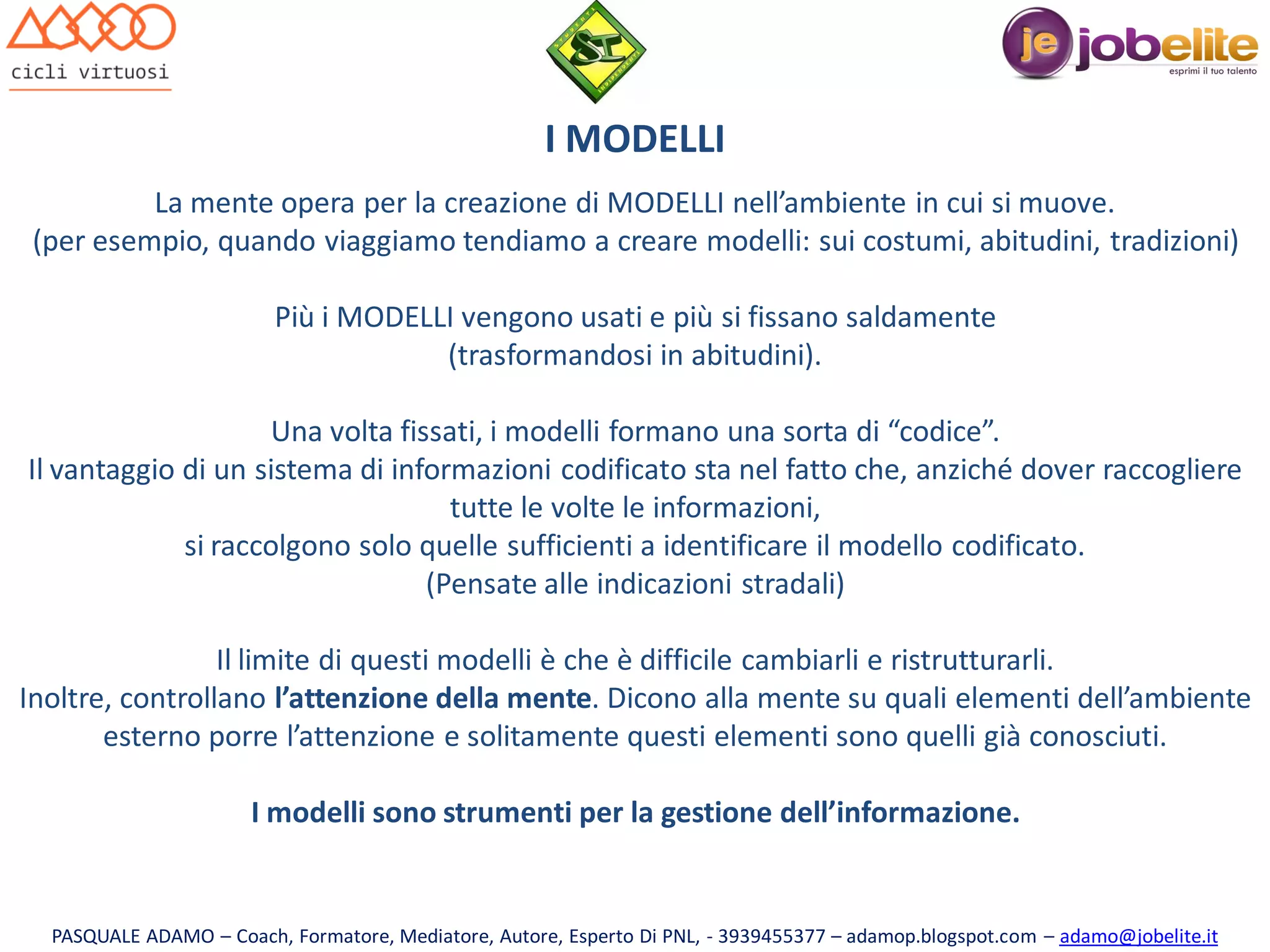 I MODELLI
La mente opera per la creazione di MODELLI nell’ambiente in cui si muove.
(per esempio, quando viaggiamo tendiamo a creare modelli: sui costumi, abitudini, tradizioni)

Più i MODELLI vengono usati e più si fissano saldamente
(trasformandosi in abitudini).
Una volta fissati, i modelli formano una sorta di “codice”.
Il vantaggio di un sistema di informazioni codificato sta nel fatto che, anziché dover raccogliere
tutte le volte le informazioni,
si raccolgono solo quelle sufficienti a identificare il modello codificato.
(Pensate alle indicazioni stradali)
Il limite di questi modelli è che è difficile cambiarli e ristrutturarli.
Inoltre, controllano l’attenzione della mente. Dicono alla mente su quali elementi dell’ambiente
esterno porre l’attenzione e solitamente questi elementi sono quelli già conosciuti.

I modelli sono strumenti per la gestione dell’informazione.

PASQUALE ADAMO – Coach, Formatore, Mediatore, Autore, Esperto Di PNL, - 3939455377 – adamop.blogspot.com – adamo@jobelite.it

 