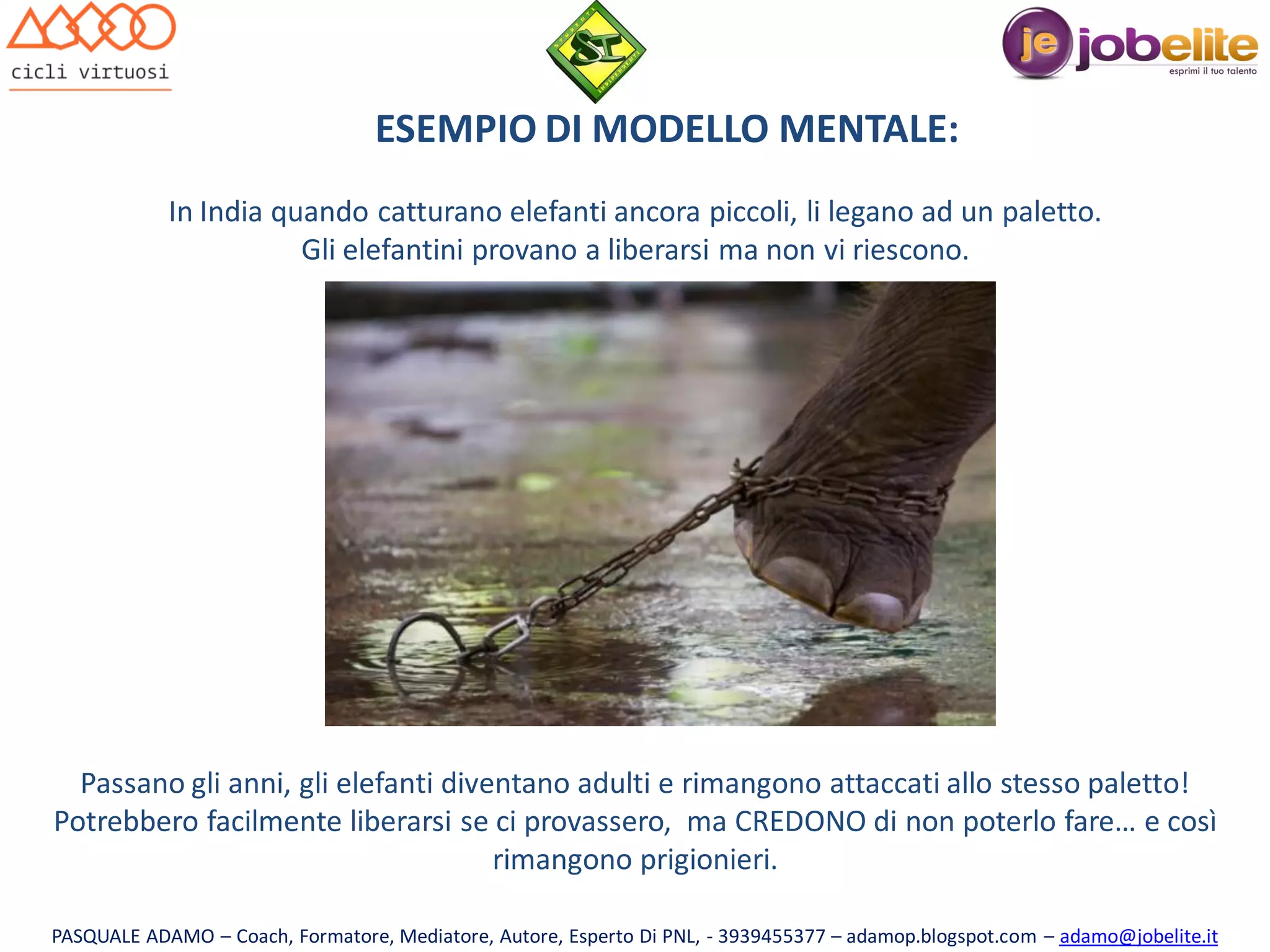 ESEMPIO DI MODELLO MENTALE:
In India quando catturano elefanti ancora piccoli, li legano ad un paletto.
Gli elefantini provano a liberarsi ma non vi riescono.

Passano gli anni, gli elefanti diventano adulti e rimangono attaccati allo stesso paletto!
Potrebbero facilmente liberarsi se ci provassero, ma CREDONO di non poterlo fare… e così
rimangono prigionieri.
PASQUALE ADAMO – Coach, Formatore, Mediatore, Autore, Esperto Di PNL, - 3939455377 – adamop.blogspot.com – adamo@jobelite.it

 
