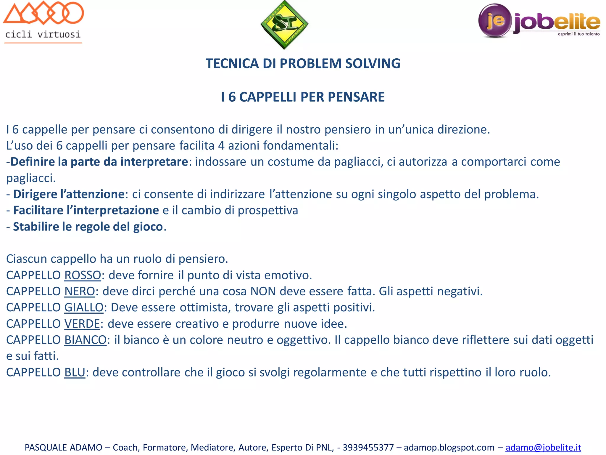 TECNICA DI PROBLEM SOLVING
I 6 CAPPELLI PER PENSARE
I 6 cappelle per pensare ci consentono di dirigere il nostro pensiero in un’unica direzione.
L’uso dei 6 cappelli per pensare facilita 4 azioni fondamentali:
-Definire la parte da interpretare: indossare un costume da pagliacci, ci autorizza a comportarci come
pagliacci.
- Dirigere l’attenzione: ci consente di indirizzare l’attenzione su ogni singolo aspetto del problema.
- Facilitare l’interpretazione e il cambio di prospettiva
- Stabilire le regole del gioco.
Ciascun cappello ha un ruolo di pensiero.
CAPPELLO ROSSO: deve fornire il punto di vista emotivo.
CAPPELLO NERO: deve dirci perché una cosa NON deve essere fatta. Gli aspetti negativi.
CAPPELLO GIALLO: Deve essere ottimista, trovare gli aspetti positivi.
CAPPELLO VERDE: deve essere creativo e produrre nuove idee.
CAPPELLO BIANCO: il bianco è un colore neutro e oggettivo. Il cappello bianco deve riflettere sui dati oggetti
e sui fatti.
CAPPELLO BLU: deve controllare che il gioco si svolgi regolarmente e che tutti rispettino il loro ruolo.

PASQUALE ADAMO – Coach, Formatore, Mediatore, Autore, Esperto Di PNL, - 3939455377 – adamop.blogspot.com – adamo@jobelite.it

 