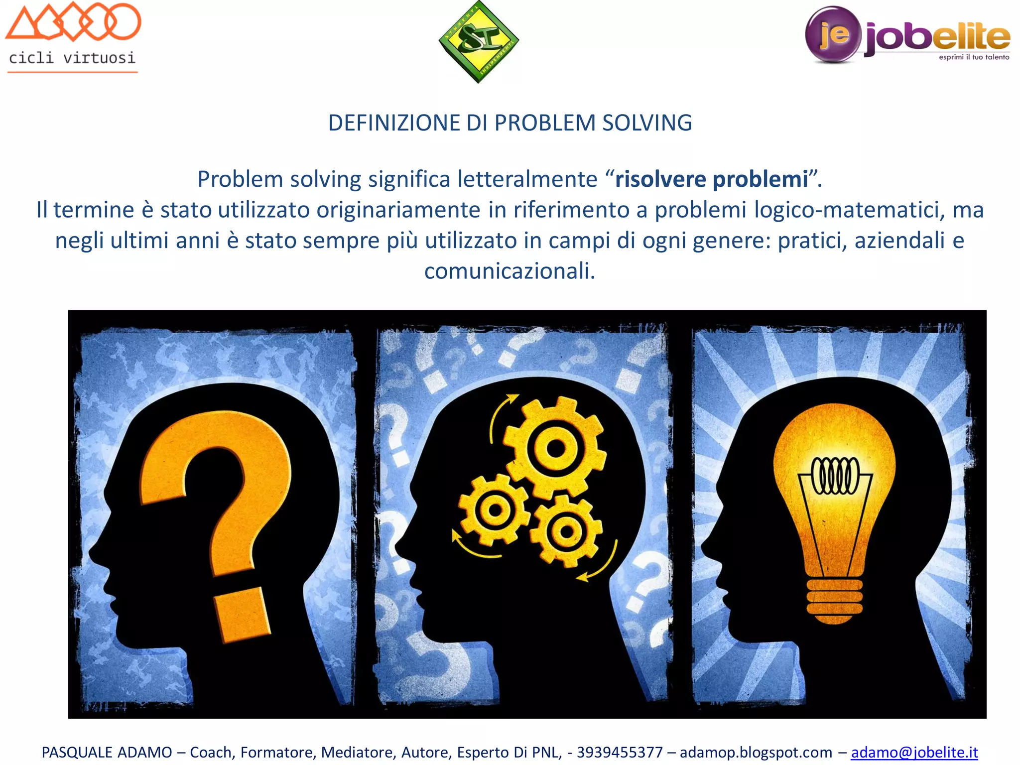 DEFINIZIONE DI PROBLEM SOLVING
Problem solving significa letteralmente “risolvere problemi”.
Il termine è stato utilizzato originariamente in riferimento a problemi logico-matematici, ma
negli ultimi anni è stato sempre più utilizzato in campi di ogni genere: pratici, aziendali e
comunicazionali.

PASQUALE ADAMO – Coach, Formatore, Mediatore, Autore, Esperto Di PNL, - 3939455377 – adamop.blogspot.com – adamo@jobelite.it

 