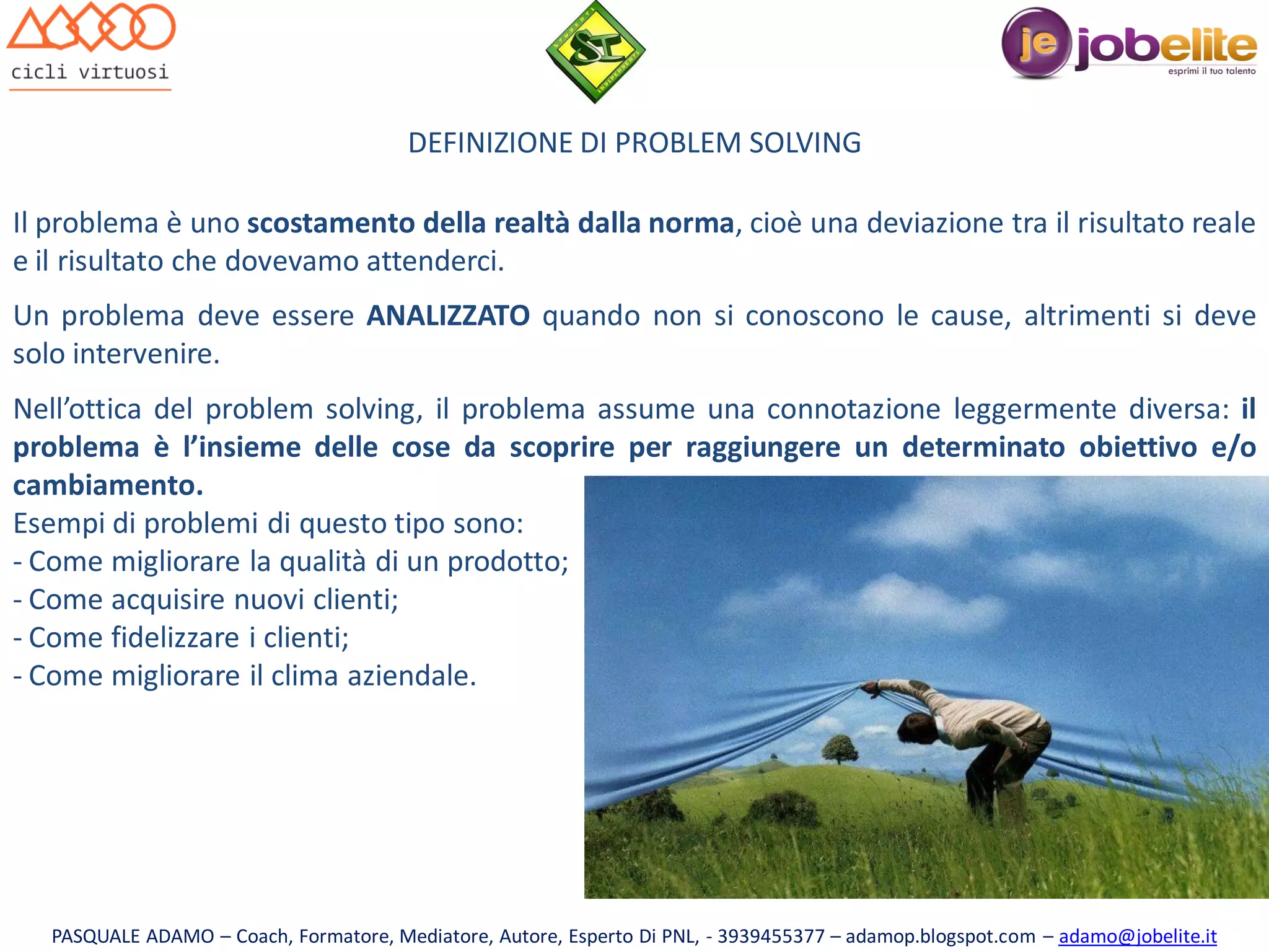 DEFINIZIONE DI PROBLEM SOLVING
Il problema è uno scostamento della realtà dalla norma, cioè una deviazione tra il risultato reale
e il risultato che dovevamo attenderci.
Un problema deve essere ANALIZZATO quando non si conoscono le cause, altrimenti si deve
solo intervenire.

Nell’ottica del problem solving, il problema assume una connotazione leggermente diversa: il
problema è l’insieme delle cose da scoprire per raggiungere un determinato obiettivo e/o
cambiamento.
Esempi di problemi di questo tipo sono:
- Come migliorare la qualità di un prodotto;
- Come acquisire nuovi clienti;
- Come fidelizzare i clienti;
- Come migliorare il clima aziendale.

PASQUALE ADAMO – Coach, Formatore, Mediatore, Autore, Esperto Di PNL, - 3939455377 – adamop.blogspot.com – adamo@jobelite.it

 