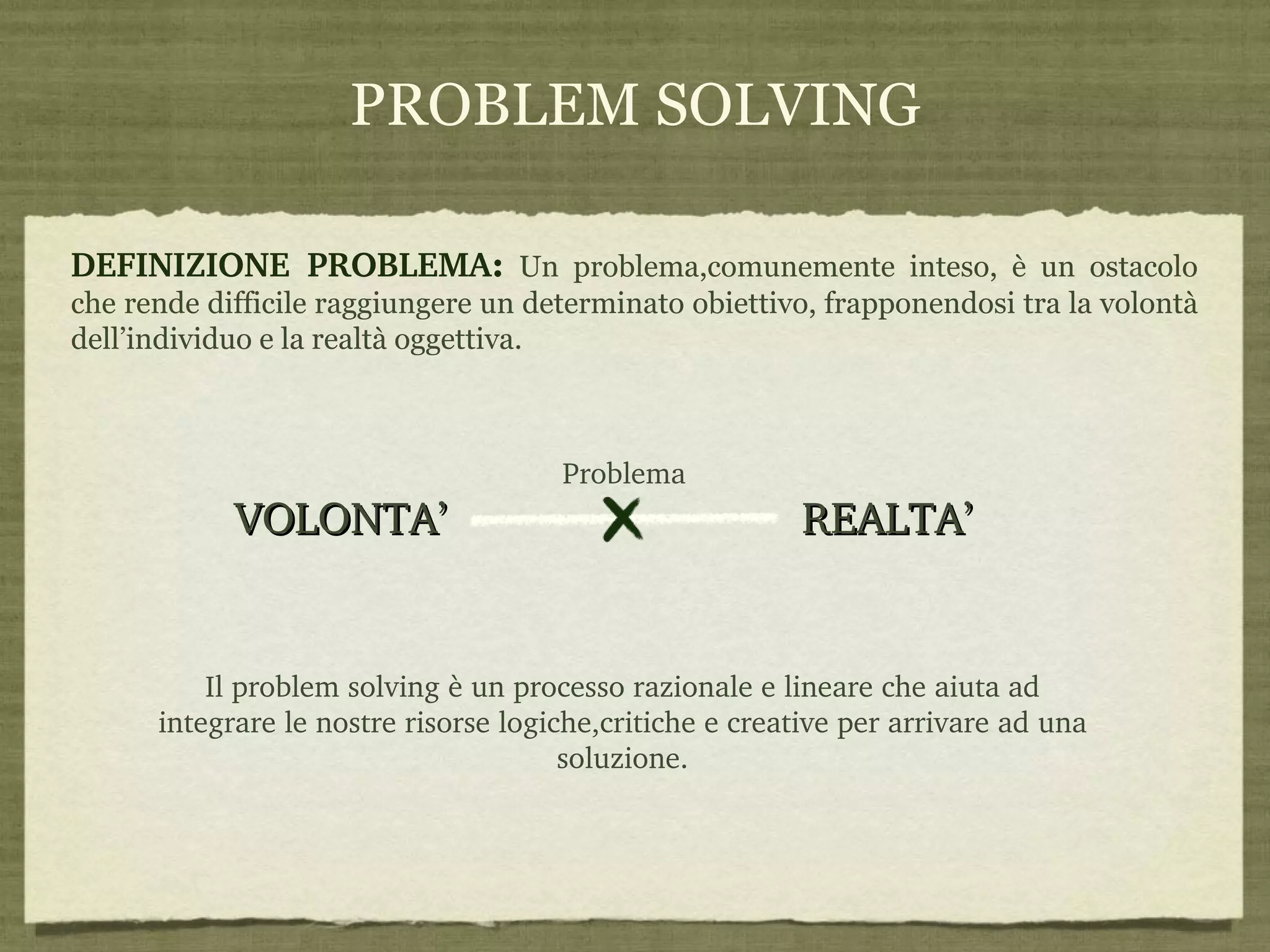 PROBLEM SOLVING DEFINIZIONE PROBLEMA :   Un problema,comunemente inteso, è un ostacolo che rende difficile raggiungere un determinato obiettivo, frapponendosi tra la volontà dell’individuo e la realtà oggettiva. VOLONTA’ REALTA’ Problema Il problem solving è un processo razionale e lineare che aiuta ad integrare le nostre risorse logiche,critiche e creative per arrivare ad una soluzione. 