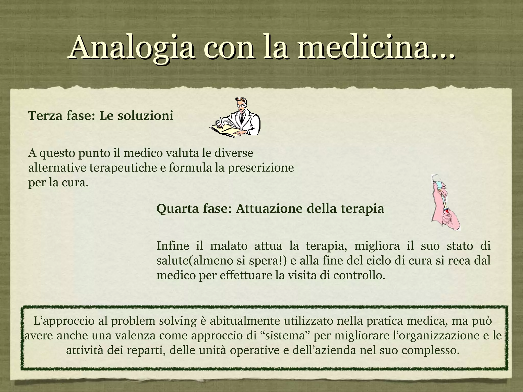 Terza fase: Le soluzioni A questo punto il medico valuta le diverse alternative terapeutiche e formula la prescrizione per la cura. Quarta fase: Attuazione della terapia Infine il malato attua la terapia, migliora il suo stato di salute(almeno si spera!) e alla fine del ciclo di cura si reca dal medico per effettuare la visita di controllo.   Analogia con la medicina... L’approccio al problem solving è abitualmente utilizzato nella pratica medica, ma può avere anche una valenza come approccio di “sistema” per migliorare l’organizzazione e le attività dei reparti, delle unità operative e dell’azienda nel suo complesso. 