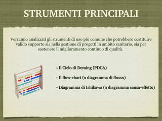STRUMENTI PRINCIPALI Verranno analizzati gli strumenti di uso più comune che potrebbero costituire valido supporto sia nella gestione di progetti in ambito sanitario, sia per sostenere il miglioramento continuo di qualità.  - Il Ciclo di Deming (PDCA) - Il flow-chart (o diagramma di flusso) - Diagramma di Ishikawa (o diagramma causa-effetto) 