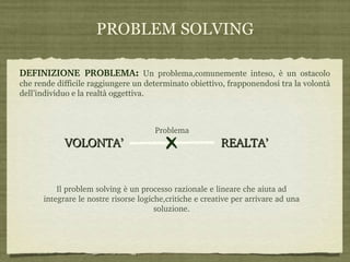 PROBLEM SOLVING DEFINIZIONE PROBLEMA :   Un problema,comunemente inteso, è un ostacolo che rende difficile raggiungere un determinato obiettivo, frapponendosi tra la volontà dell’individuo e la realtà oggettiva. VOLONTA’ REALTA’ Problema Il problem solving è un processo razionale e lineare che aiuta ad integrare le nostre risorse logiche,critiche e creative per arrivare ad una soluzione. 