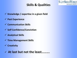 Skills & Qualities

 Knowledge / expertise in a given field

 Past Experience

 Communication Skills

 Self Confidence/Conviction

 Analytical Skills

 Time Management Skills

 Creativity

   At last but not the least……….
 