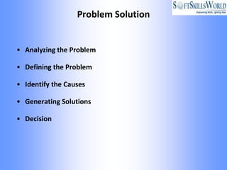 Problem Solution


• Analyzing the Problem

• Defining the Problem

• Identify the Causes

• Generating Solutions

• Decision
 