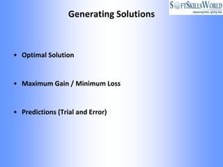 Generating Solutions



• Optimal Solution


• Maximum Gain / Minimum Loss


• Predictions (Trial and Error)
 