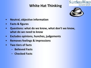 White Hat Thinking


•   Neutral, objective information
•   Facts & figures
•   Questions: what do we know, what don’t we know,
    what do we need to know
•   Excludes opinions, hunches, judgements
•   Removes feelings & impressions
•   Two tiers of facts
     – Believed Facts
     – Checked Facts
 