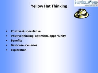 Yellow Hat Thinking




•   Positive & speculative
•   Positive thinking, optimism, opportunity
•   Benefits
•   Best-case scenarios
•   Exploration
 