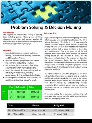 Problem Solving & Decision Making
Methodology
The program will incorporate a variety of learning
tools including games, videos, group activities,
discussions, role play and lecture. Medium of
instruction will be predominantly in English with
Bahasa as a supplementary langauge.

Objective
• Learning the various tools of problems
solving such as Brain Storming, Fish Bone
and Elimination Process
• Discover how to apply these tools to real
life problems and getting solutions
• Understand the importance of avoiding
assumptions when making decisions
• Learn the tools of decision making such as
Difficulty vs Importance, Avoiding
Assumptions & Financial Feasibility Study
• Learning to deal with the human aspect of
problems and getting powerful results

Pax
FEE
S

Before/On

After

1

RM1399

RM1499

>3

RM1099

RM1199

Introduction
If you are looking for a Problem Solving Program with a
difference, you have come to the right place. The Art of
Solving Problems Effectively is a 2 day powerful
application based program which focuses on equipping
participants with the skills they need to make decisions
quickly and use that to solve problems in their daily
work environment. This is not your run of the mill
program which only talks about theories of problem
solving found on the internet & books. All the
discussions and activities in the program are based on
the actual problems faced by the participants
themselves. In fact the problem solving activities will be
designed and conducted using these problems where
participants get firsthand experience on actually solving
these real problems.
The other difference with this program is, we must
acknowledge that many operational and productivity
problems arise in the work place because of the human
element. How do you handle such characters to get
your desired result? By understanding people’s
personality & hot buttons, we can now use this to our
advantage and tackle problems that arise from the
human aspect.
If you are looking for a complete solution that will
empower your people to solve REAL work problems,
then this is the program for you.

Date

Venue

Early Bird

22-23rd January 2014

Citrus Hotel, KL

15th January 2014

10-11th March 2014

Citrus Hotel, KL

3rd March 2014

 
