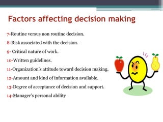 Factors affecting decision making
7-Routine versus non routine decision.
8-Risk associated with the decision.
9- Critical nature of work.
10-Written guidelines.
11-Organization’s attitude toward decision making.
12-Amount and kind of information available.
13-Degree of acceptance of decision and support.
14-Manager’s personal ability
 