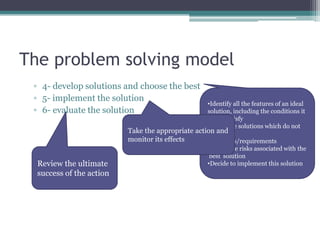 The problem solving model
▫ 4- develop solutions and choose the best
▫ 5- implement the solution
▫ 6- evaluate the solution
•Identify all the features of an ideal
solution, including the conditions it
has to satisfy
•Eliminate solutions which do not
satisfy the
conditions/requirements
•Assess the risks associated with the
'best' solution
•Decide to implement this solution
Take the appropriate action and
monitor its effects
Review the ultimate
success of the action
 