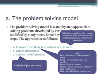 The problem solving model
• The importance of understanding and using a model is
that the solution will be the result of f...