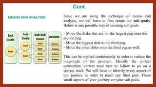 Cont.
MEANS END ANALYSIS Since we are using the technique of means end
analysis, we will have to first create our sub goals.
Below is one possible way of creating sub goals.
- Move the disks that are on the largest peg onto the
second peg.
- Move the biggest disk to the third peg.
- Move the other disks onto the third peg as well.
This can be applied continuously in order to reduce the
magnitude of the problem. Identify the correct
connection, correct road map to follow to go on a
correct track. We will have to identify every aspect of
our journey in order to reach our final goal. These
small aspects of your journey are your sub goals.
 