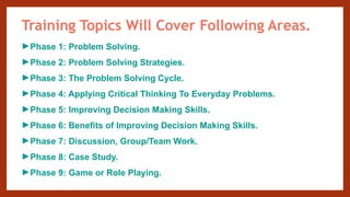 Training Topics Will Cover Following Areas.
►Phase 1: Problem Solving.
►Phase 2: Problem Solving Strategies.
►Phase 3: The Problem Solving Cycle.
►Phase 4: Applying Critical Thinking To Everyday Problems.
►Phase 5: Improving Decision Making Skills.
►Phase 6: Benefits of Improving Decision Making Skills.
►Phase 7: Discussion, Group/Team Work.
►Phase 8: Case Study.
►Phase 9: Game or Role Playing.
 