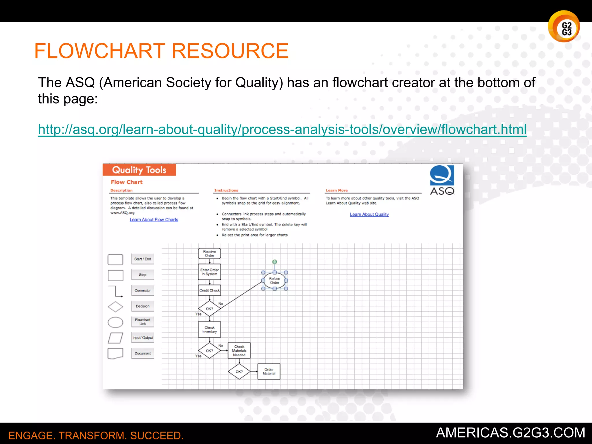 FLOWCHART RESOURCE 
The ASQ (American Society for Quality) has a flowchart creator at the bottom of 
this page: 
http://asq.org/learn-about-quality/process-analysis-tools/overview/flowchart.html 
ENGAGE. TRANSFORM. SUCCEED. AMERICAS.G2G3.COM 
 