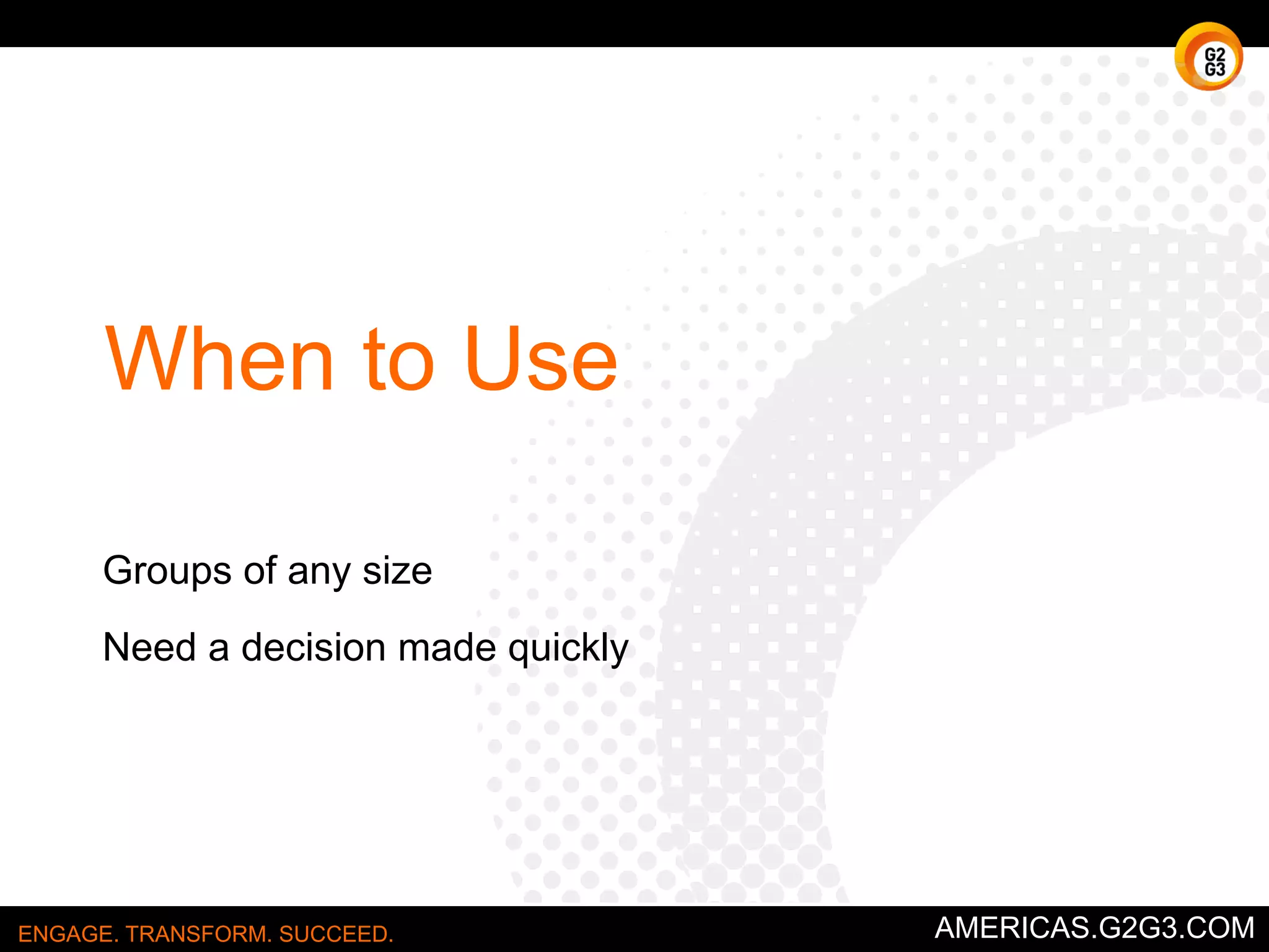 Sample Is-Is Not Matrix 
Problem: 
Missing 
Email 
Is 
Is 
Not 
Dis:nc:ons 
What 
occurs? 
Email 
from 
outside 
of 
the 
company 
are 
not 
being 
delivered 
Internal 
email 
is 
func/oning 
fine 
Only 
external 
email 
is 
affected 
Where 
does 
it 
occur? 
In 
the 
Chicago 
branch 
office 
Headquarters 
and 
all 
other 
branches 
Only 
Chicago 
is 
affected 
When 
does 
it 
occur? 
Con/nually 
since 
last 
Friday 
Before 
last 
Friday 
Something 
may 
have 
changed 
on 
Friday 
Extent 
of 
problems 
MicrosoW 
and 
Unix 
mail 
are 
both 
affected 
Reported 
outside 
of 
Chicago 
Only 
Chicago 
is 
affected 
Who 
is 
involved? 
All 
users 
in 
all 
departments 
in 
Chicago 
branch 
Any 
other 
users 
Only 
Chicago 
is 
affected 
ENGAGE. TRANSFORM. SUCCEED. AMERICAS.G2G3.COM 
 